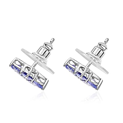 D'Joy Tanzanite and Diamond Floral Stud Earrings in Platinum Over Sterling Silver 2.90 ctw
