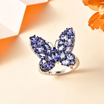Tanzanite Butterfly Ring in Platinum Over Sterling Silver (Size 10.0) 3.50 ctw