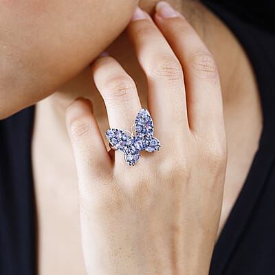 Tanzanite Butterfly Ring in Platinum Over Sterling Silver (Size 10.0) 3.50 ctw