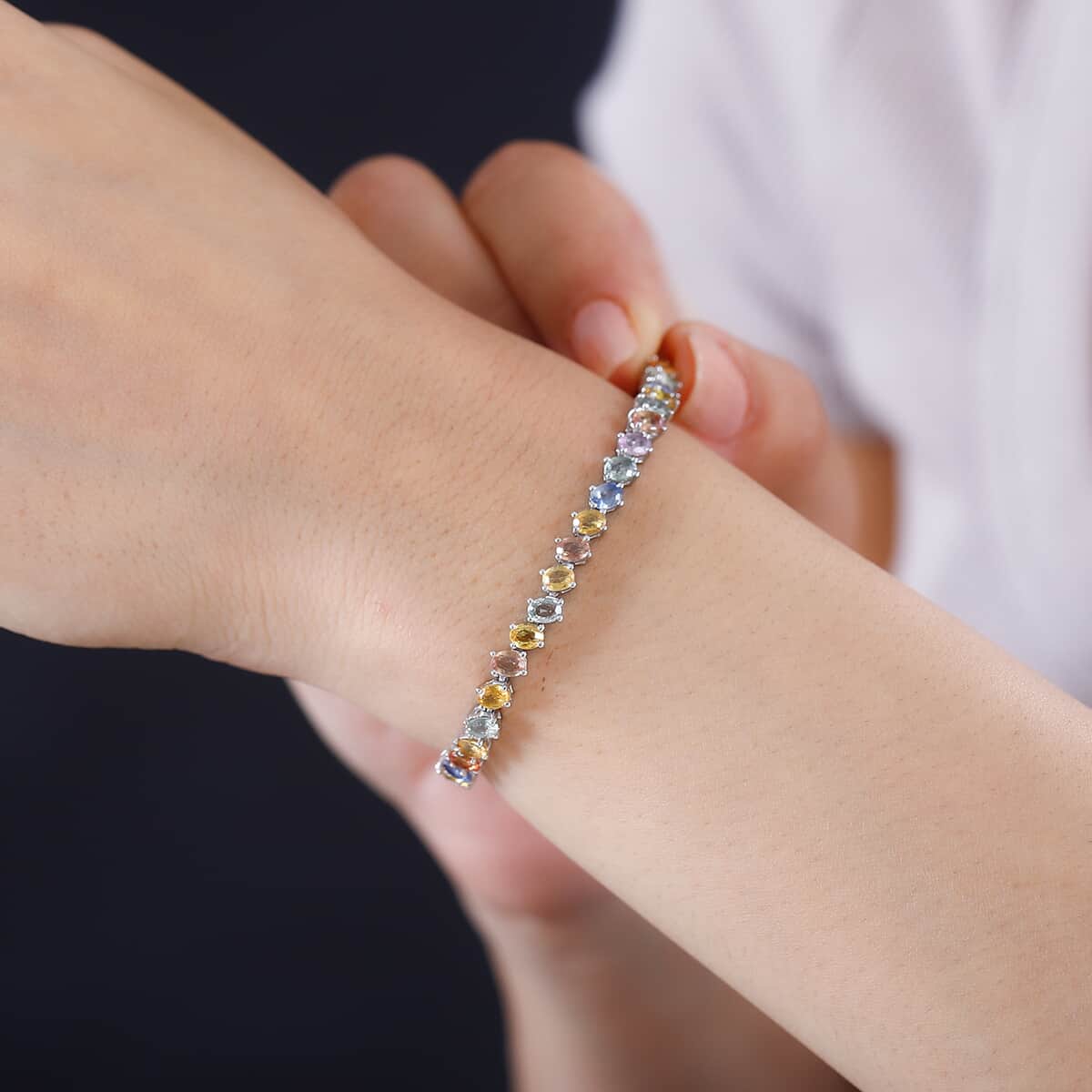 Multi Sapphire Sea Waves Bracelet in Platinum Over Sterling Silver (6.50 In) 10.60 ctw image number 2