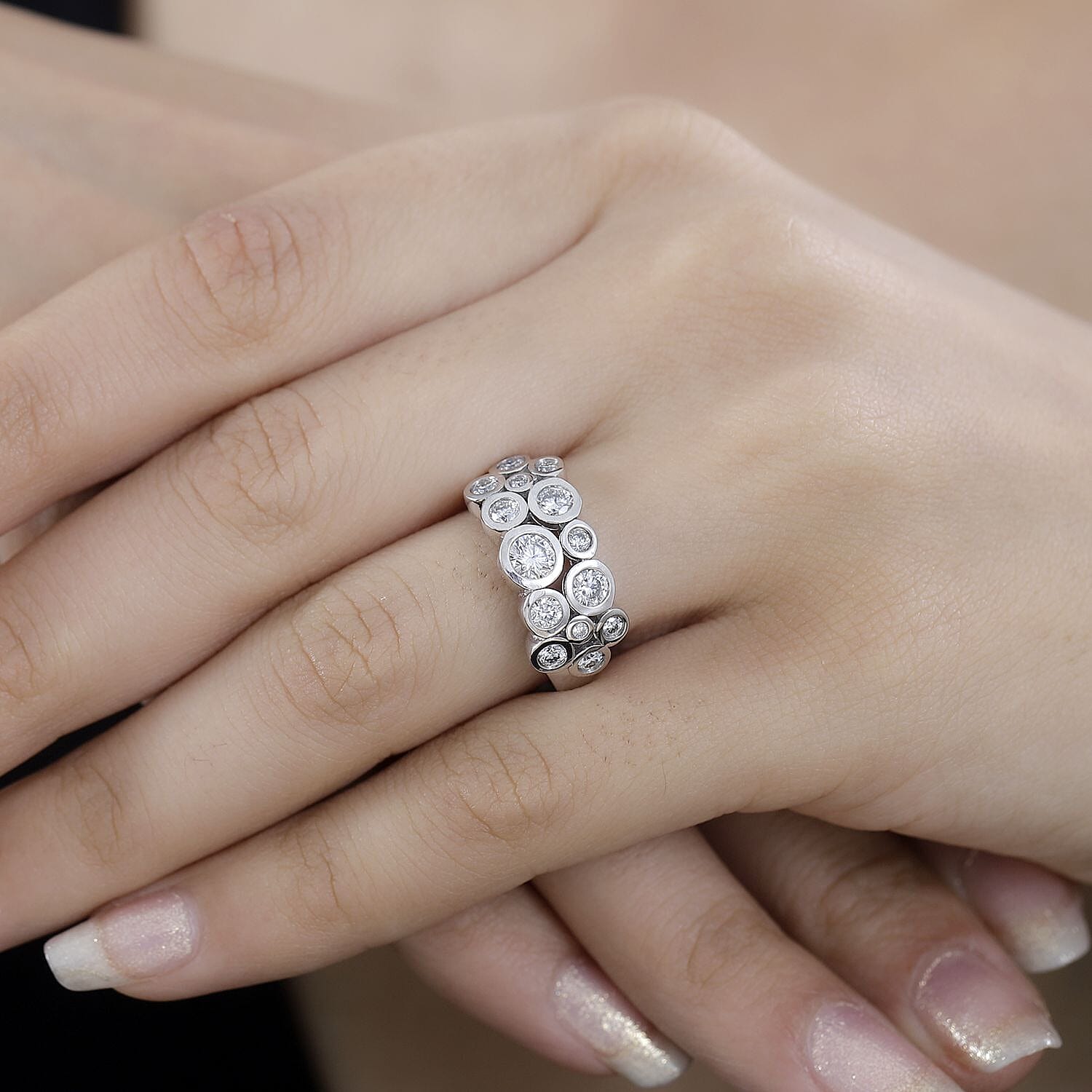 Moissanite Bubble Ring in Platinum Over Sterling Silver (Size 10.0) 1.25 ctw