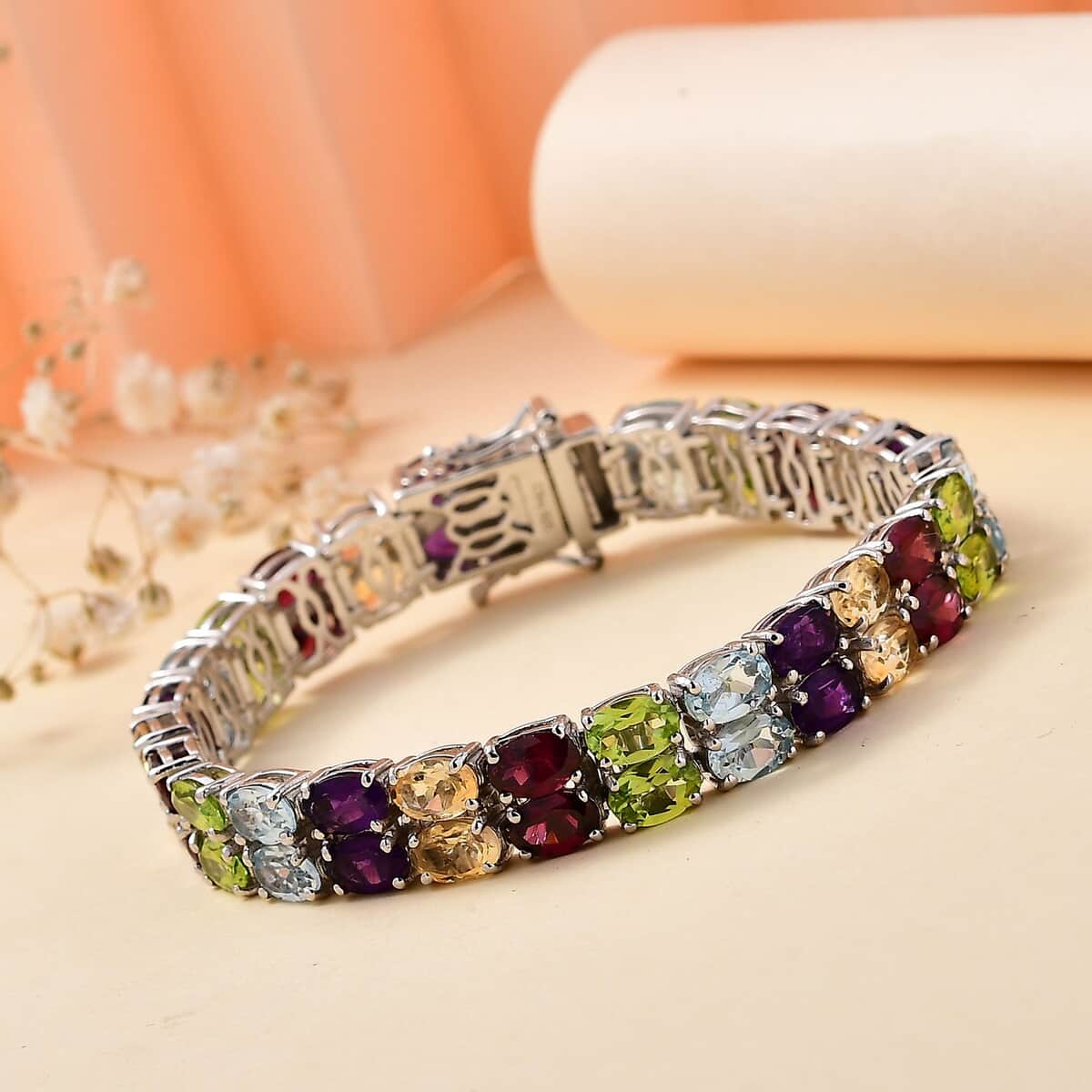 Doorbuster Multi Gemstone 2 Row Tennis Bracelet in Platinum Over Sterling Silver (6.50 In) 26.00 ctw image number 1