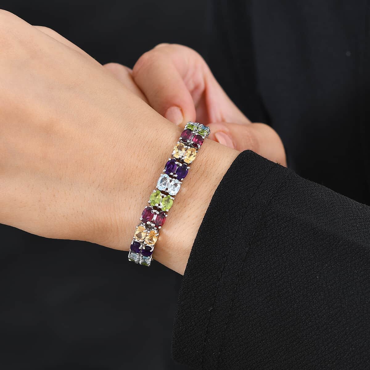 Doorbuster Multi Gemstone 2 Row Tennis Bracelet in Platinum Over Sterling Silver (6.50 In) 26.00 ctw image number 2