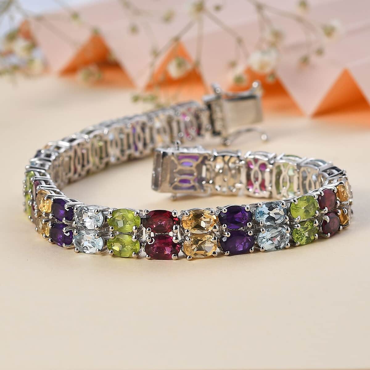 Multi Gemstone 2 Row Tennis Bracelet in Platinum Over Sterling Silver (7.25 In) 29.10 ctw image number 1