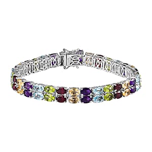 D'Joy Multi Gemstone 2 Row Tennis Bracelet in Platinum Over Sterling Silver (8.00 In) 31.15 ctw