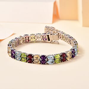 D'Joy Multi Gemstone 2 Row Tennis Bracelet in Platinum Over Sterling Silver (8.00 In) 31.15 ctw