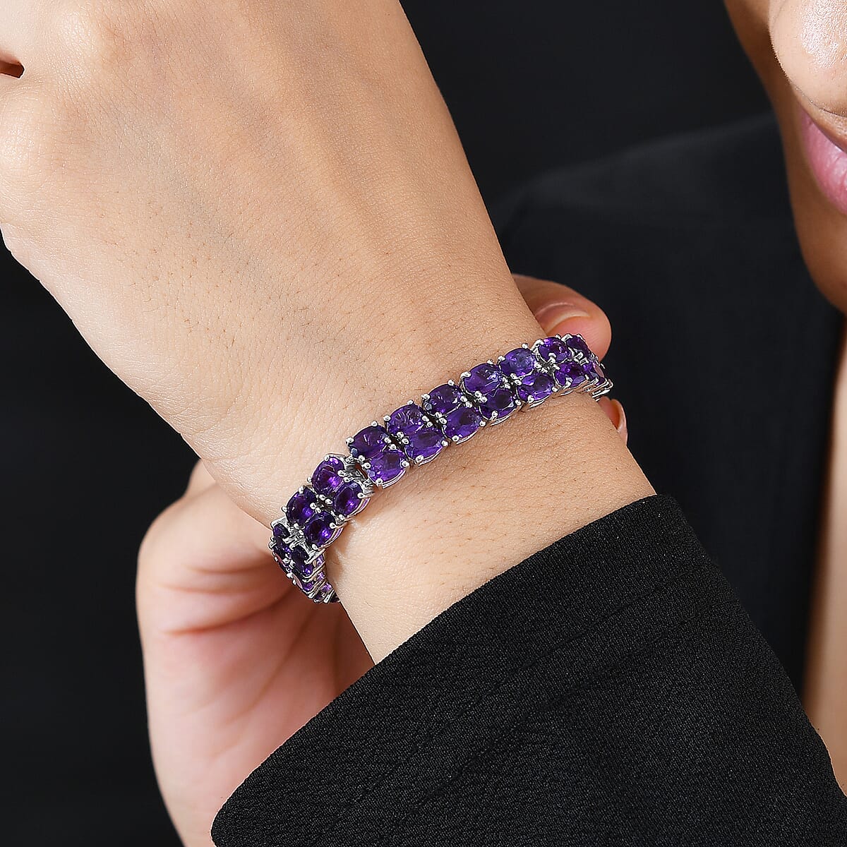 African Amethyst 2 Row Tennis Bracelet in Platinum Over Sterling Silver (7.25 In) 24.65 ctw image number 2