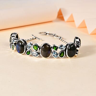 D'Joy Artisan Crafted Malagasy Labradorite and Multi Gemstone Bracelet in Sterling Silver (7.25-8.50In) 41.50 ctw