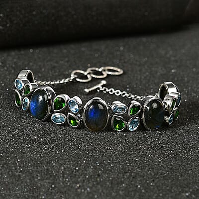 D'Joy Artisan Crafted Malagasy Labradorite and Multi Gemstone Bracelet in Sterling Silver (7.25-8.50In) 41.50 ctw