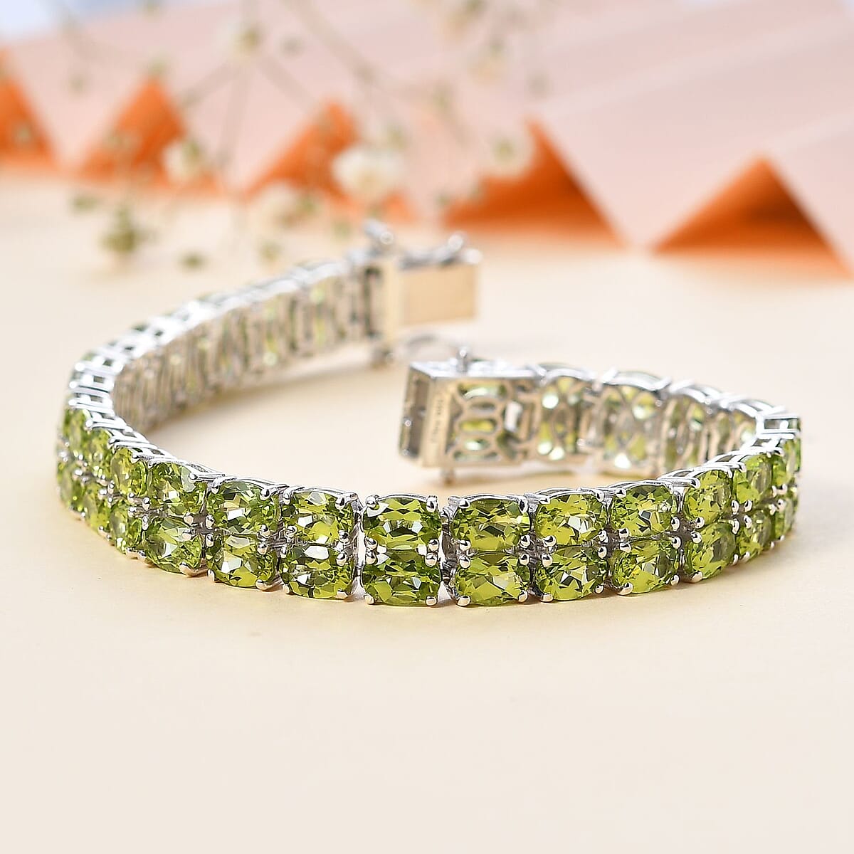 Premium Peridot 2 Row Tennis Bracelet in Platinum Over Sterling Silver (7.25 In) 25.00 ctw image number 1