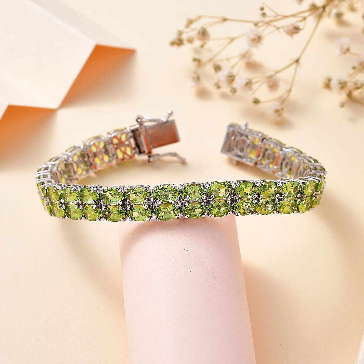 Premium Peridot 2 Row Tennis Bracelet in Platinum Over Sterling Silver (8.00 In) 26.75 ctw image number 1