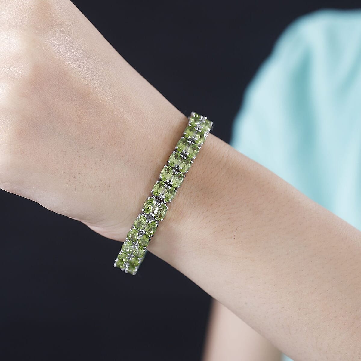 Premium Peridot 2 Row Tennis Bracelet in Platinum Over Sterling Silver (8.00 In) 26.75 ctw image number 2