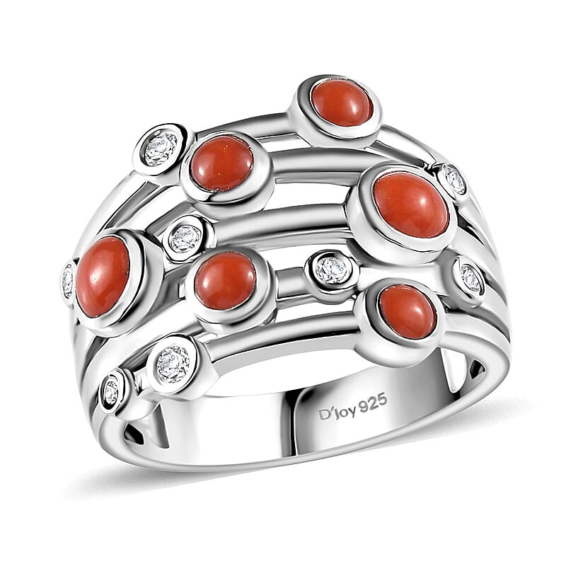Mediterranean Coral and White Zircon Multi Row Bubble Ring in Platinum Over Sterling Silver (Size 10.0) 1.35 ctw