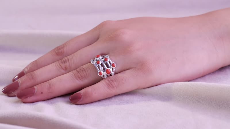 Mediterranean Coral, White Zircon Ring in Platinum Over Sterling Silver (Size 10.0) 1.35 ctw