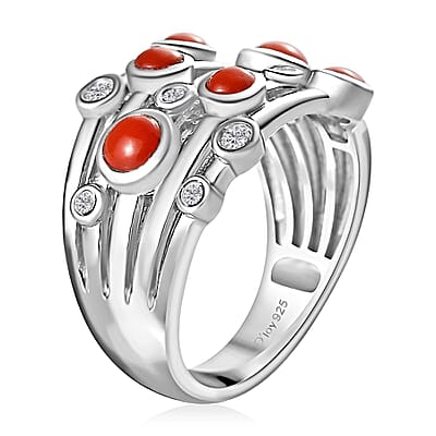 Mediterranean Coral and White Zircon Multi Row Bubble Ring in Platinum Over Sterling Silver (Size 10.0) 1.35 ctw