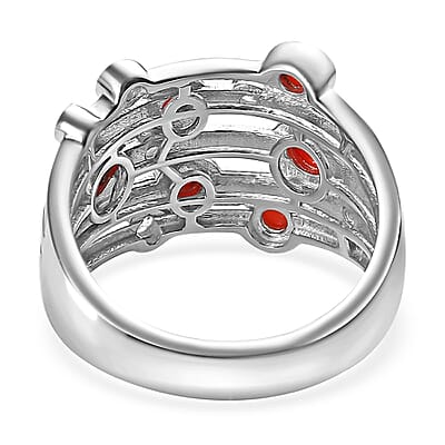 Mediterranean Coral and White Zircon Multi Row Bubble Ring in Platinum Over Sterling Silver (Size 10.0) 1.35 ctw