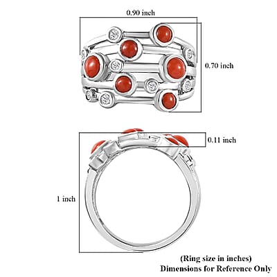 Mediterranean Coral and White Zircon Multi Row Bubble Ring in Platinum Over Sterling Silver (Size 10.0) 1.35 ctw