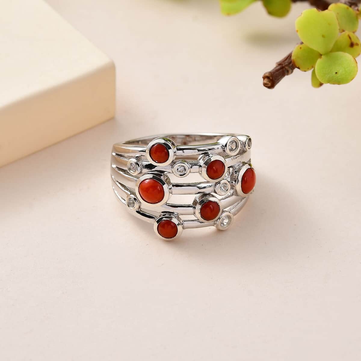 Mediterranean Coral and White Zircon Multi Row Bubble Ring in Platinum Over Sterling Silver (Size 7.0) 1.35 ctw image number 1