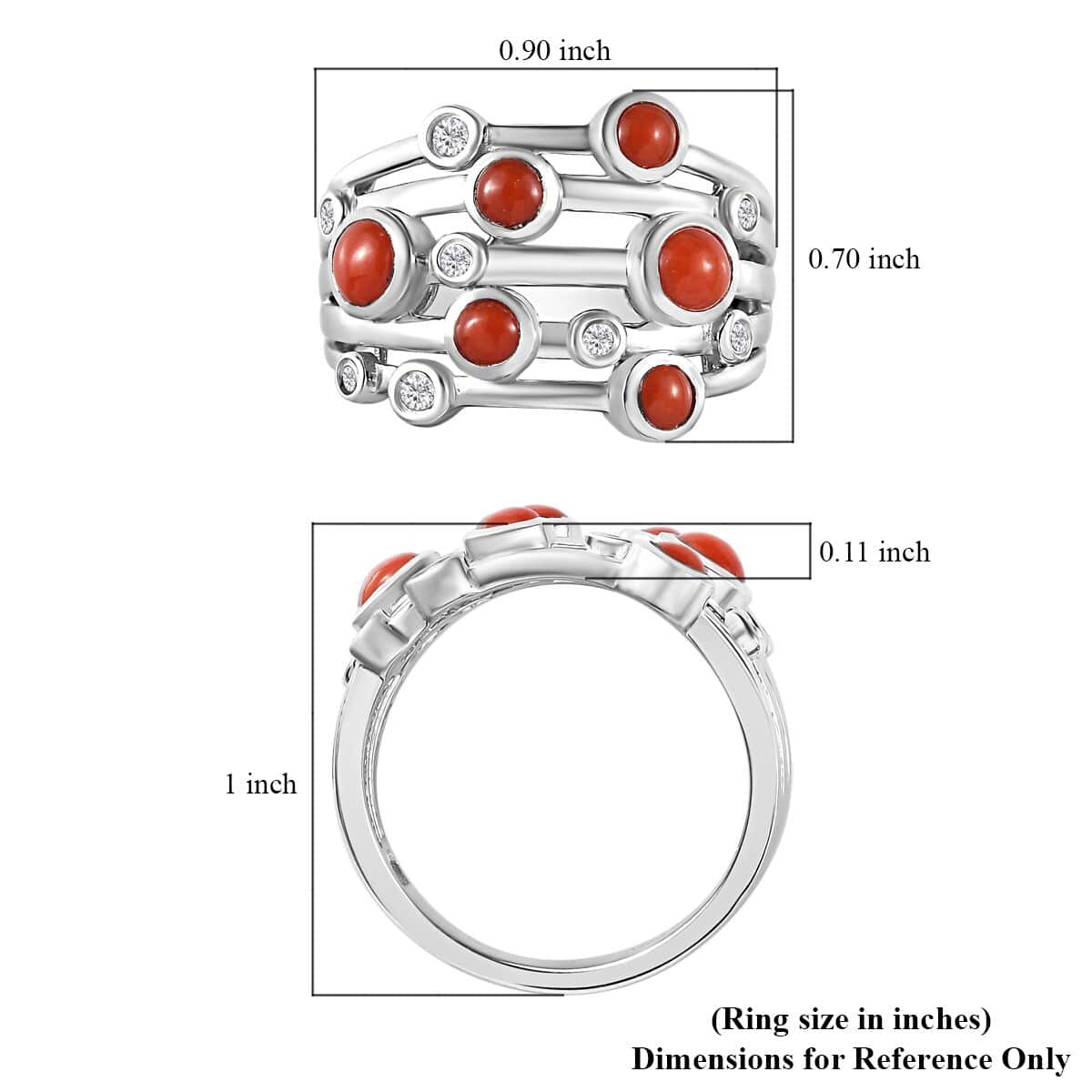 Mediterranean Coral and White Zircon Multi Row Bubble Ring in Platinum Over Sterling Silver (Size 7.0) 1.35 ctw image number 5