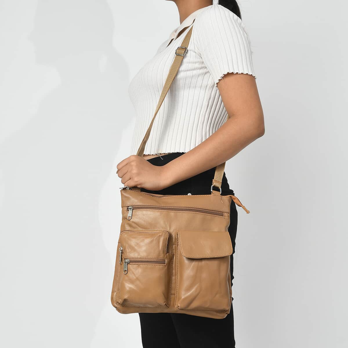 Tan Genuine Leather Crossbody Bag image number 1