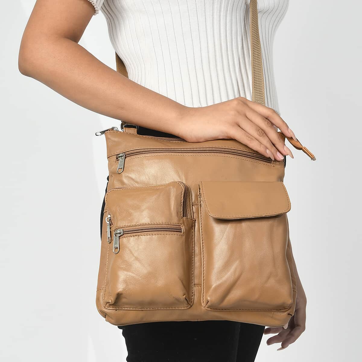 Tan Genuine Leather Crossbody Bag image number 2