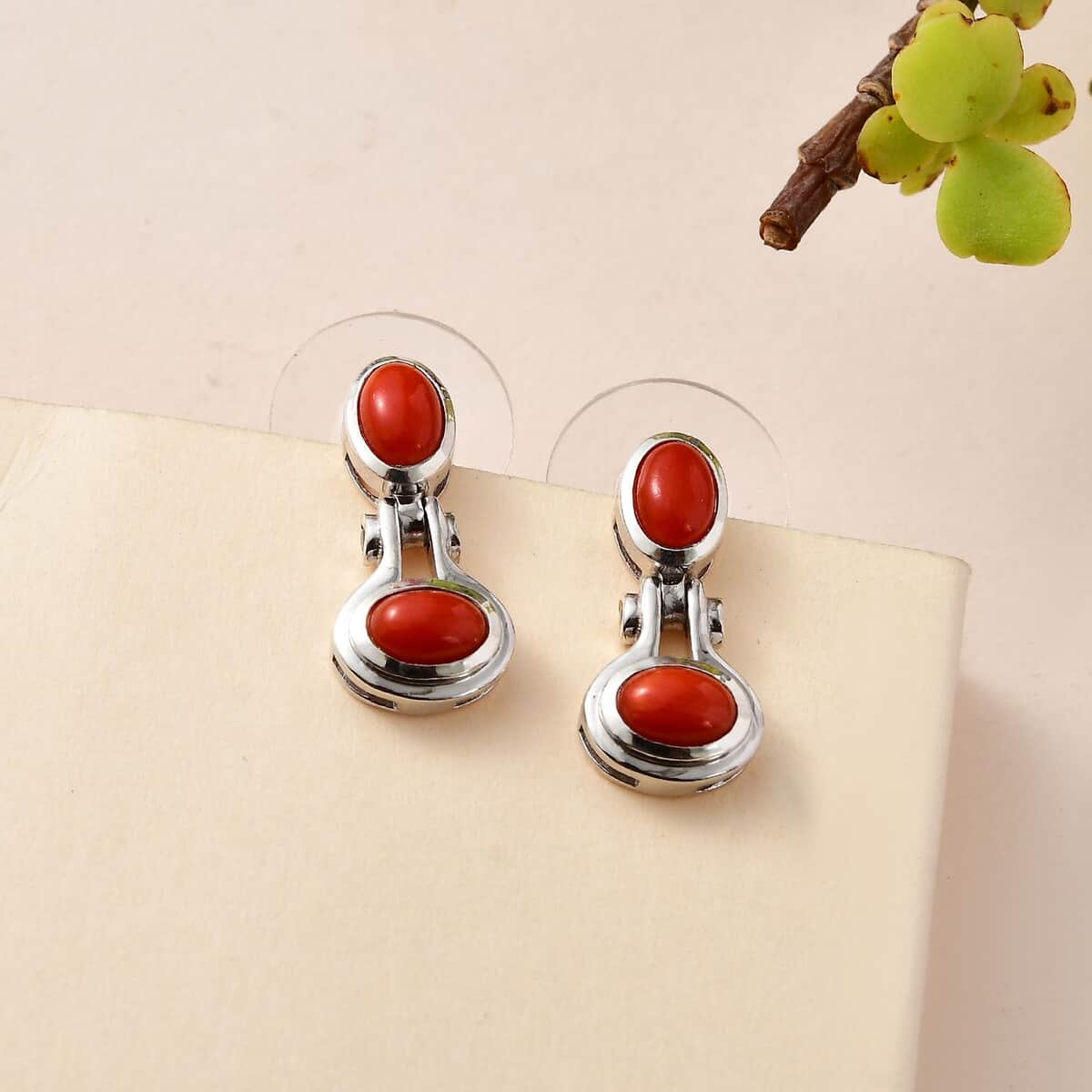 Mediterranean Coral and White Zircon Earrings in Platinum Over Sterling Silver 2.25 ctw image number 1