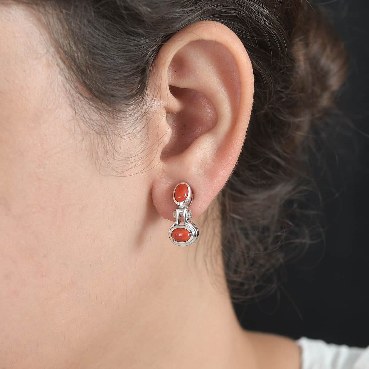 Mediterranean Coral and White Zircon Earrings in Platinum Over Sterling Silver 2.25 ctw image number 2