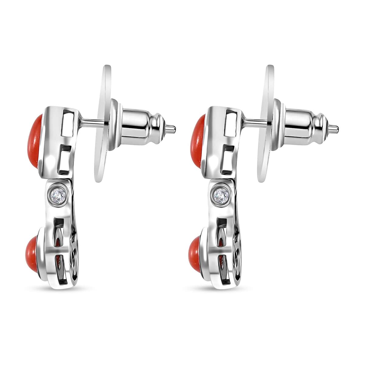 Mediterranean Coral and White Zircon Earrings in Platinum Over Sterling Silver 2.25 ctw image number 3