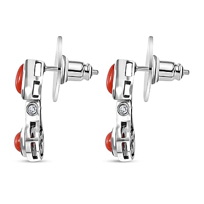 Mediterranean Coral and White Zircon Earrings in Platinum Over Sterling Silver 2.25 ctw