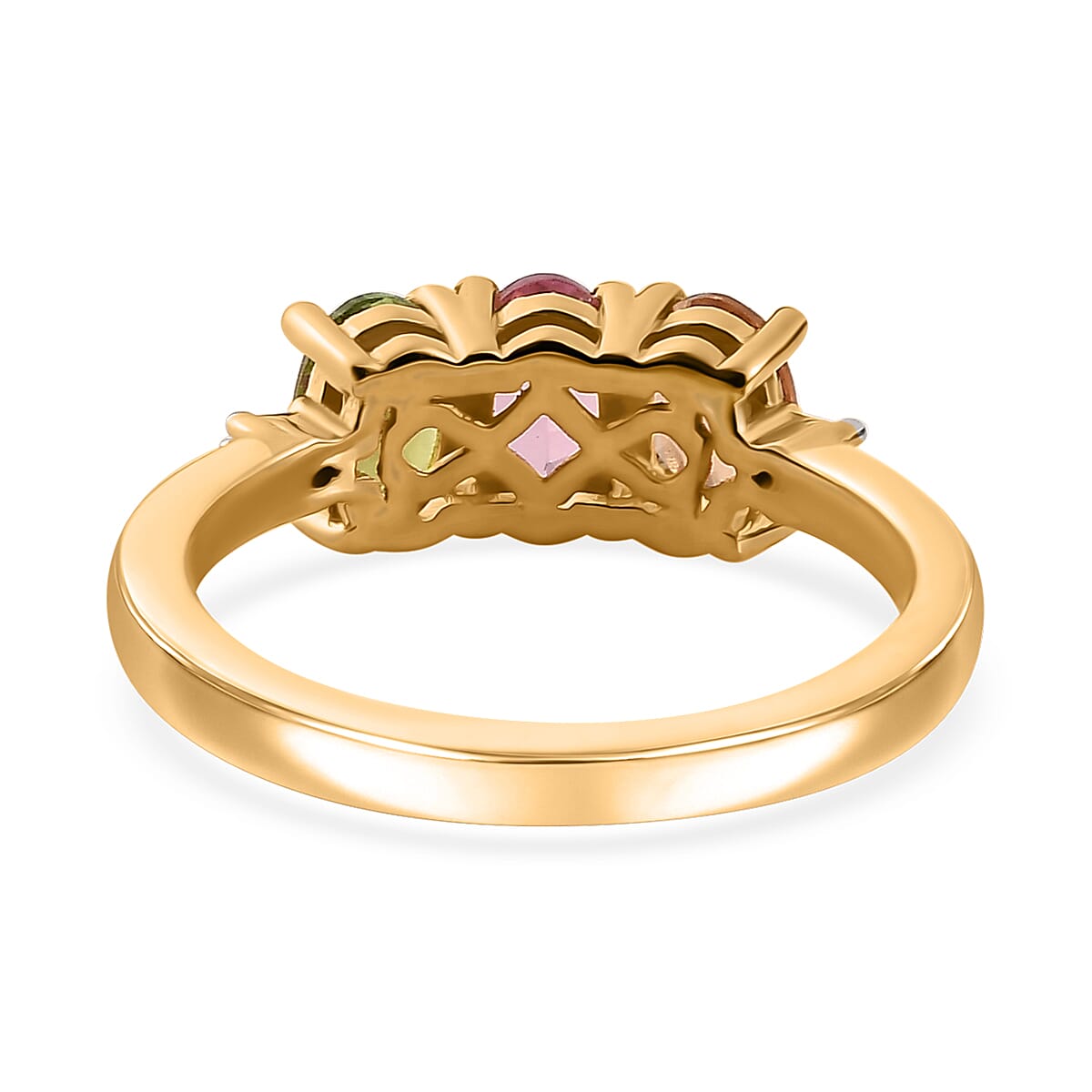 D'Joy Premium Calabar Pink, Green and Golden Tourmaline and Diamond 3 Stone Ring in Vermeil Yellow Gold Over Sterling Silver (Size 10.0) 1.40 ctw