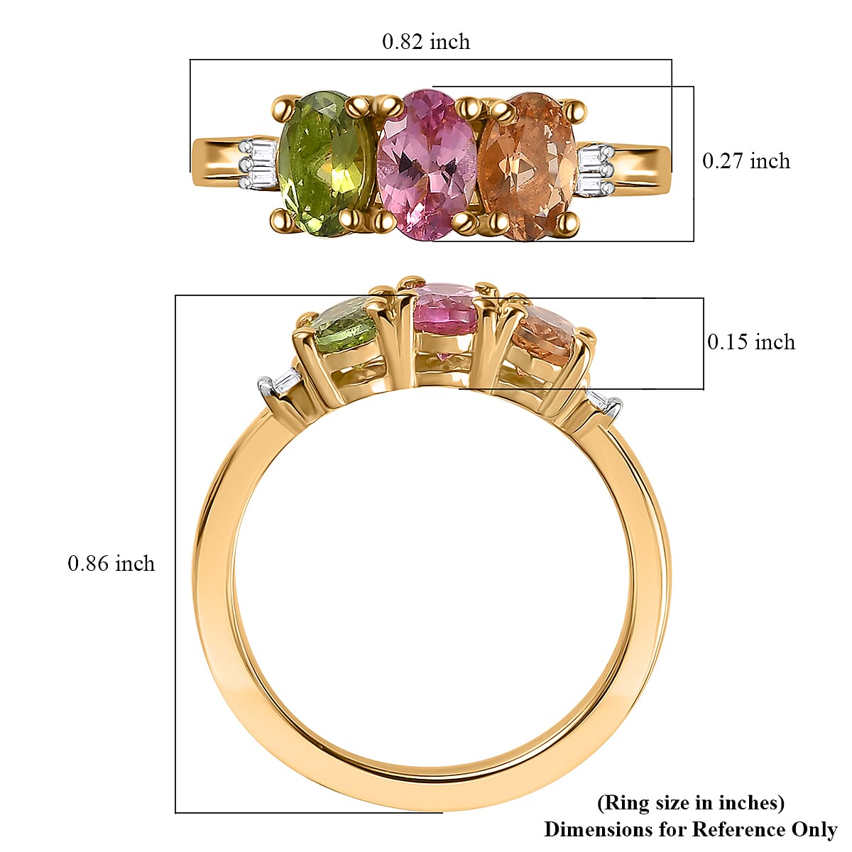 D'Joy Premium Calabar Pink, Green and Golden Tourmaline and Diamond 3 Stone Ring in Vermeil Yellow Gold Over Sterling Silver (Size 10.0) 1.40 ctw