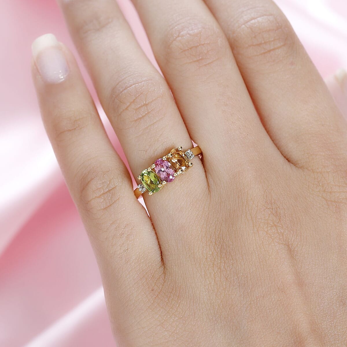 Premium Calabar Pink, Green and Golden Tourmaline and Diamond 3 Stone Ring in Vermeil Yellow Gold Over Sterling Silver (Size 7.0) 1.40 ctw image number 2