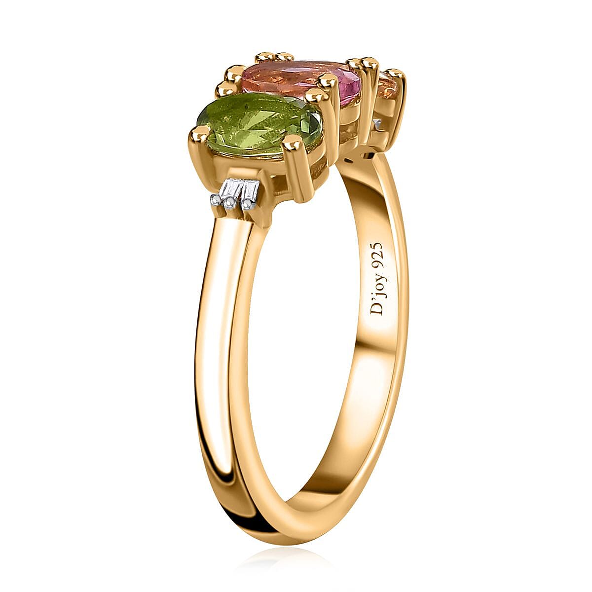 Premium Calabar Pink, Green and Golden Tourmaline and Diamond 3 Stone Ring in Vermeil Yellow Gold Over Sterling Silver (Size 7.0) 1.40 ctw image number 3
