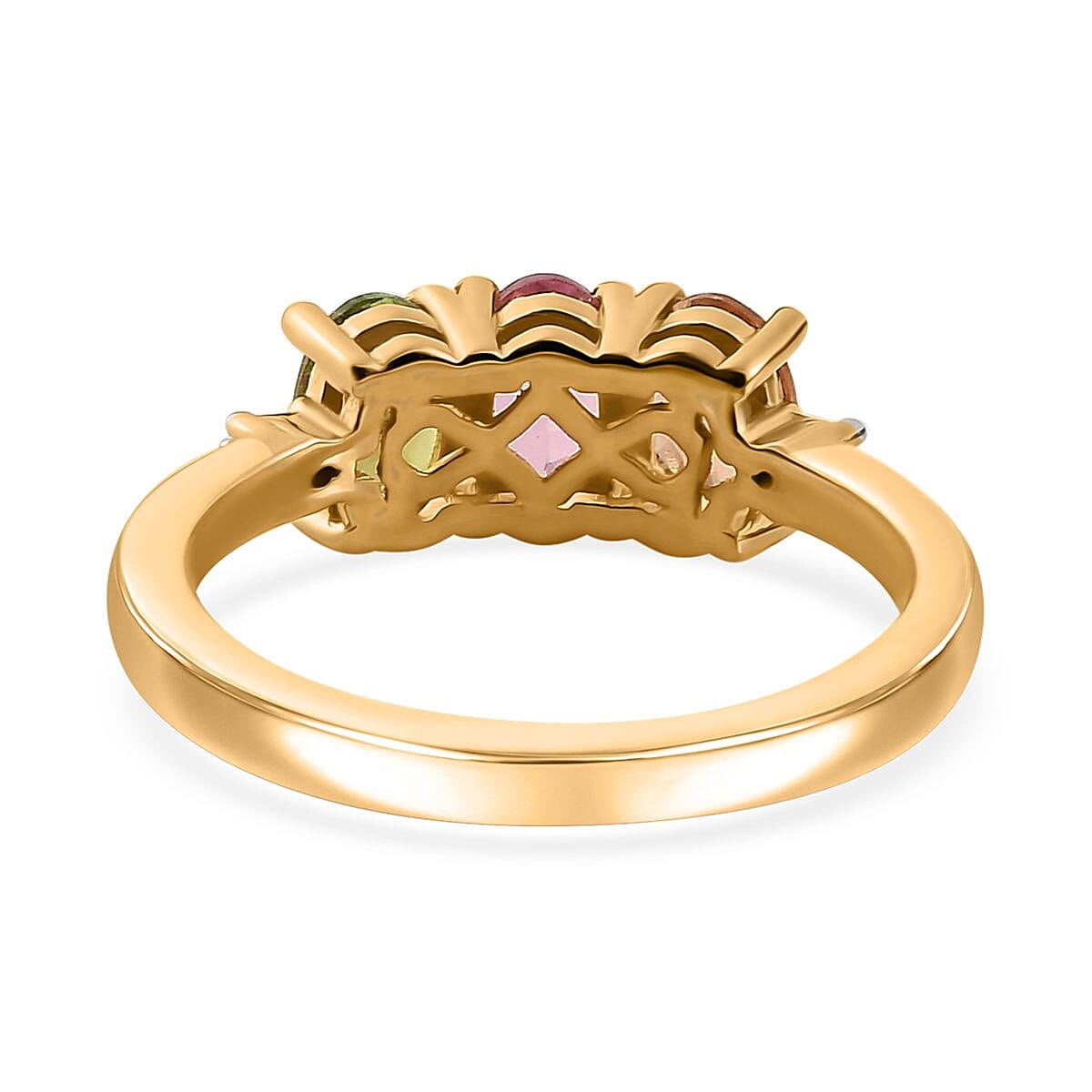 Premium Calabar Pink, Green and Golden Tourmaline and Diamond 3 Stone Ring in Vermeil Yellow Gold Over Sterling Silver (Size 7.0) 1.40 ctw image number 4