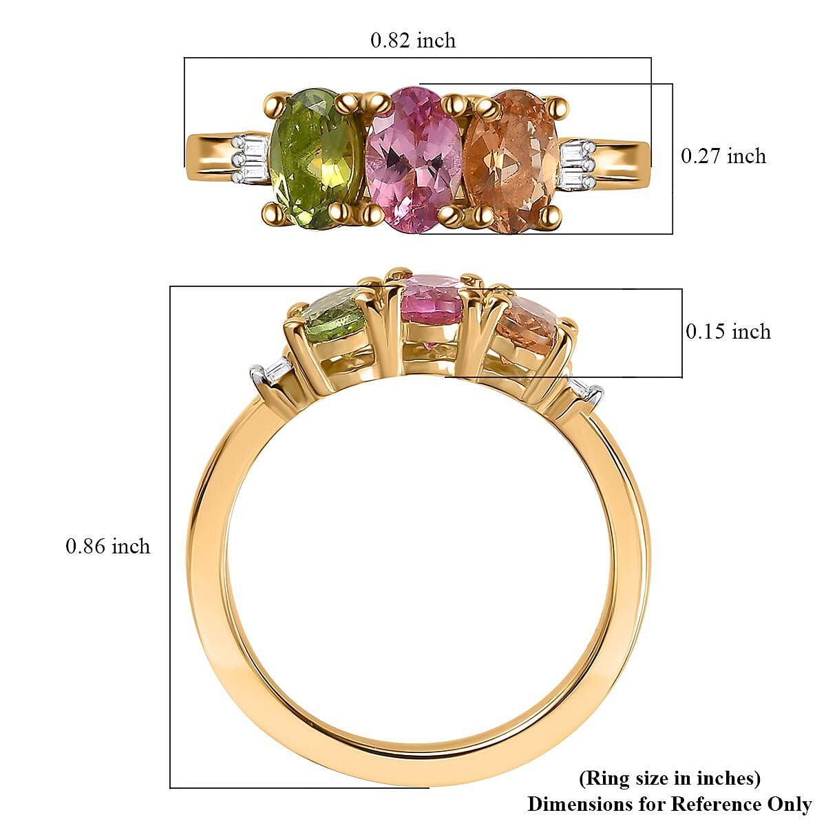Premium Calabar Pink, Green and Golden Tourmaline and Diamond 3 Stone Ring in Vermeil Yellow Gold Over Sterling Silver (Size 7.0) 1.40 ctw image number 5