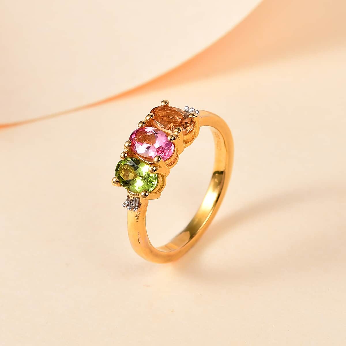 Premium Calabar Pink, Green and Golden Tourmaline and Diamond 3 Stone Ring in Vermeil Yellow Gold Over Sterling Silver (Size 8.0) 1.40 ctw image number 1