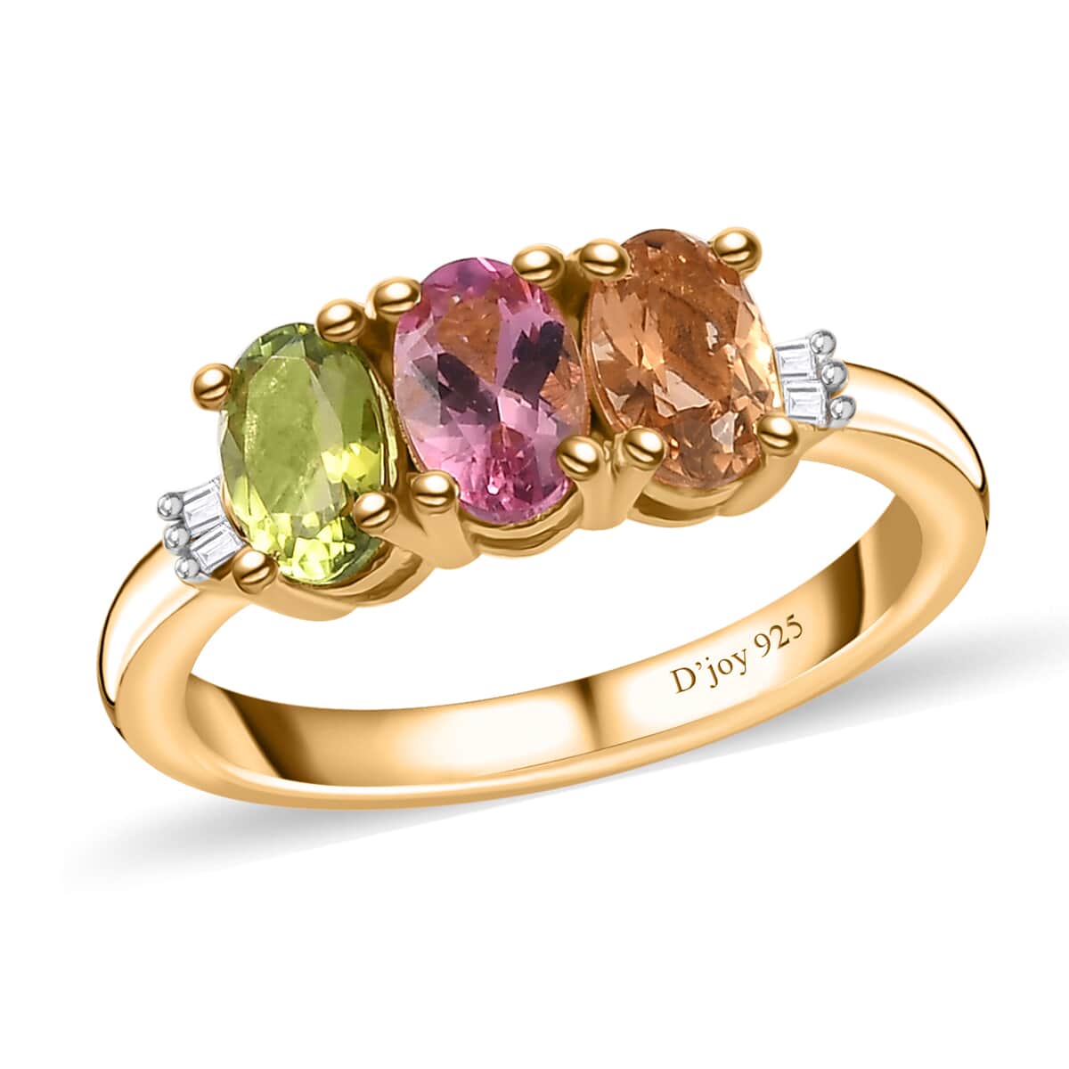 Premium Calabar Pink, Green and Golden Tourmaline and Diamond 3 Stone Ring in Vermeil Yellow Gold Over Sterling Silver (Size 9.0) 1.40 ctw image number 0