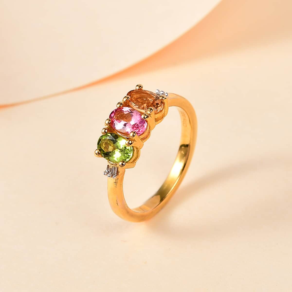 Premium Calabar Pink, Green and Golden Tourmaline and Diamond 3 Stone Ring in Vermeil Yellow Gold Over Sterling Silver (Size 9.0) 1.40 ctw image number 1