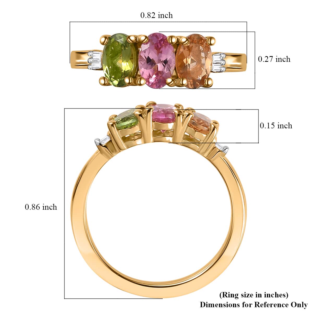 Premium Calabar Pink, Green and Golden Tourmaline and Diamond 3 Stone Ring in Vermeil Yellow Gold Over Sterling Silver (Size 9.0) 1.40 ctw image number 5