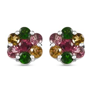 Multi-Tourmaline Floral Stud Earrings in Platinum Over Sterling Silver 1.80 ctw