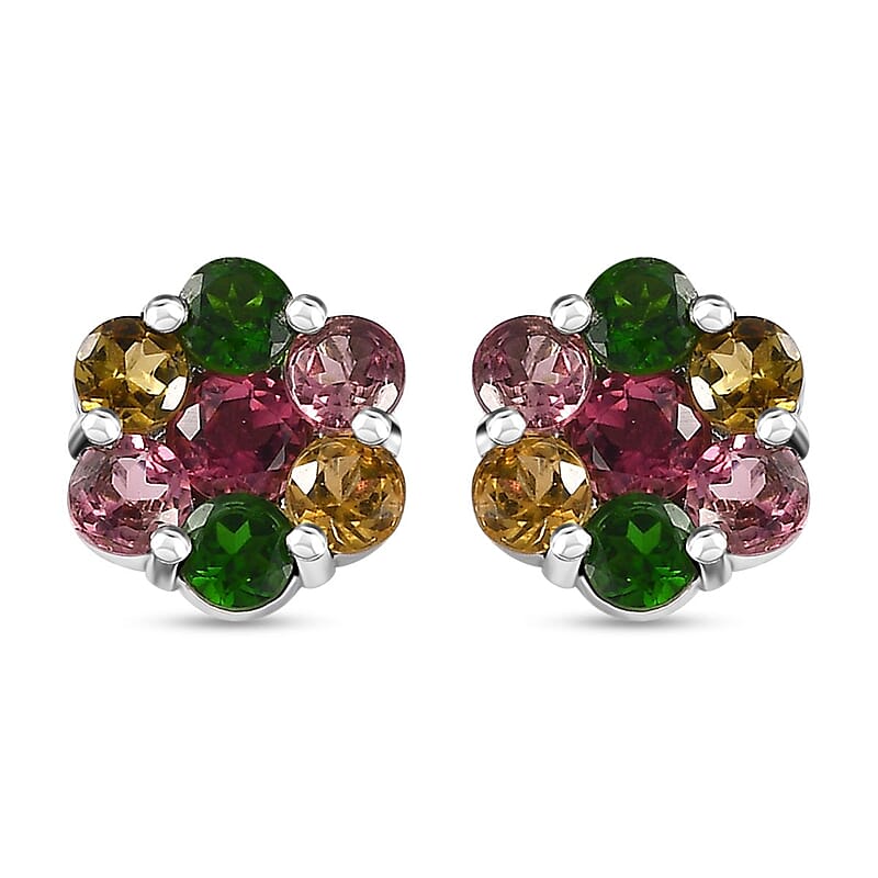 Multi-Tourmaline Floral Stud Earrings in Platinum Over Sterling Silver 1.80 ctw