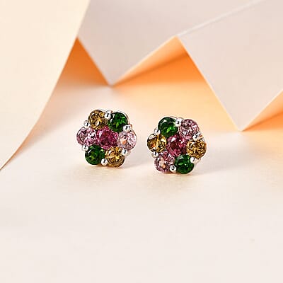 Multi-Tourmaline Floral Stud Earrings in Platinum Over Sterling Silver 1.80 ctw