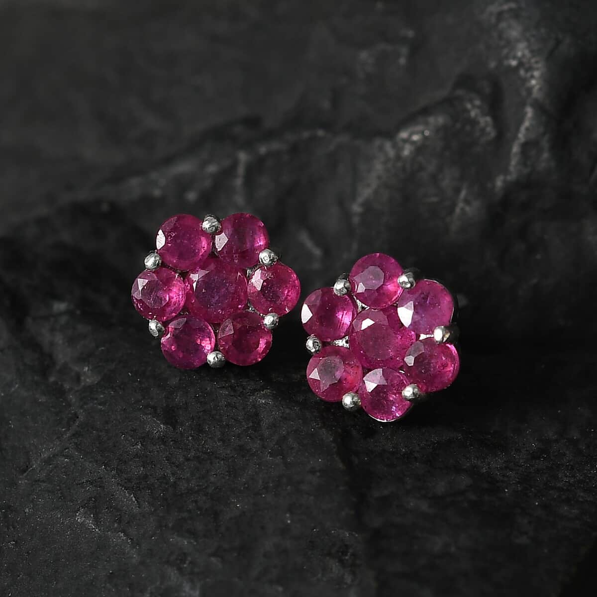 Niassa Ruby (FF) Floral Stud Earrings in Platinum Over Sterling Silver 2.65 ctw image number 1