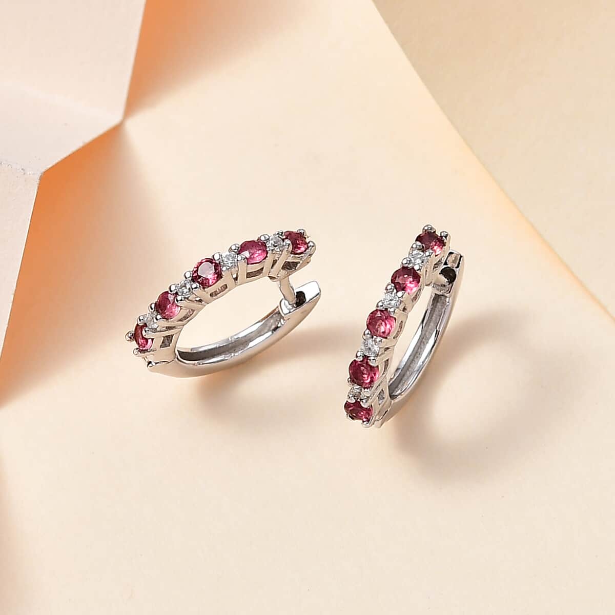 Ofiki Rubellite and White Zircon Hoop Earrings in Platinum Over Sterling Silver 0.50 ctw image number 1