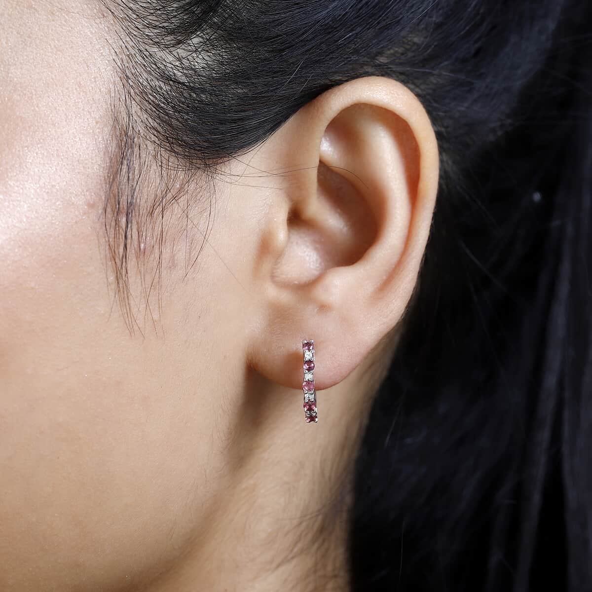 Ofiki Rubellite and White Zircon Hoop Earrings in Platinum Over Sterling Silver 0.50 ctw image number 2