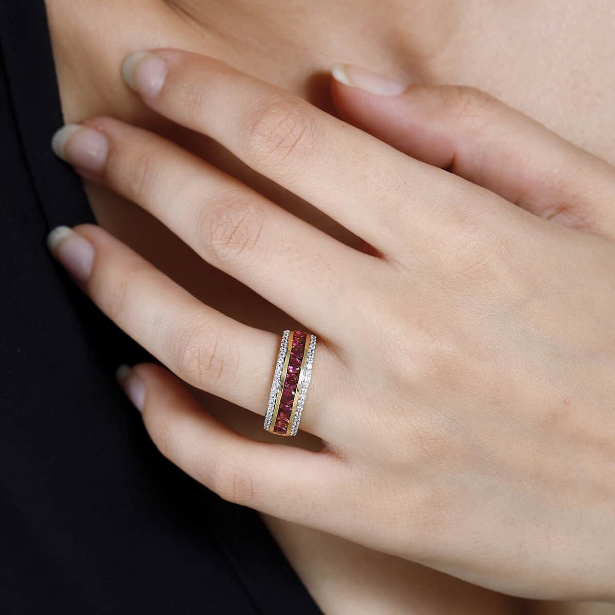 Ofiki Rubellite, White Zircon Ring in Vermeil YG Over Sterling Silver (Size 10.0) 1.50 ctw image number 2