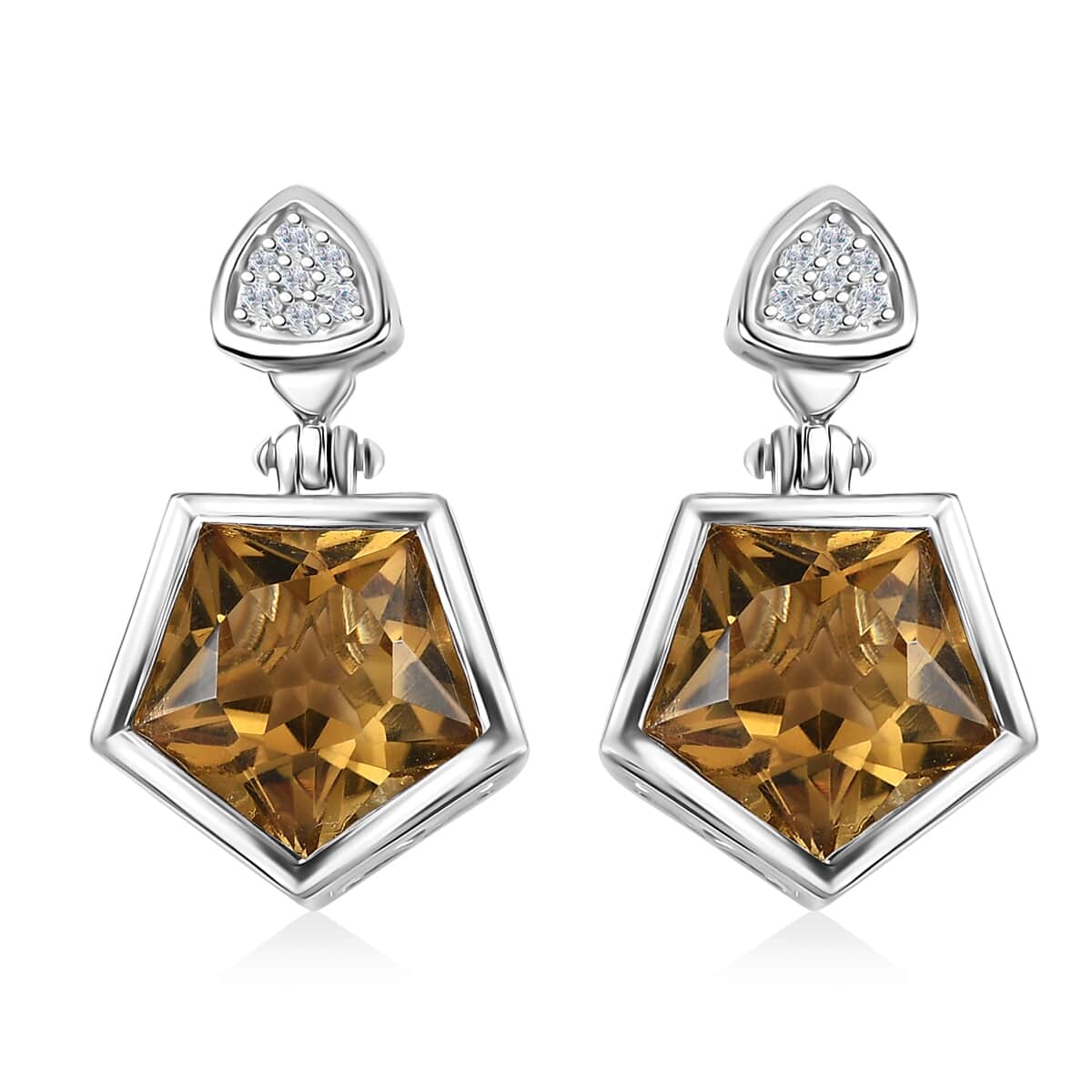 Pentastar Cut Brazilian Citrine and White Zircon Earrings in Platinum Over Sterling Silver 12.20 ctw image number 0