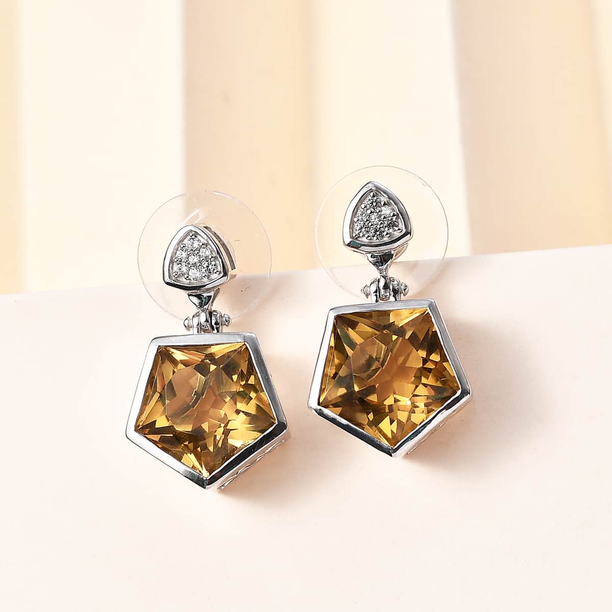 Pentastar Cut Brazilian Citrine and White Zircon Earrings in Platinum Over Sterling Silver 12.20 ctw image number 1