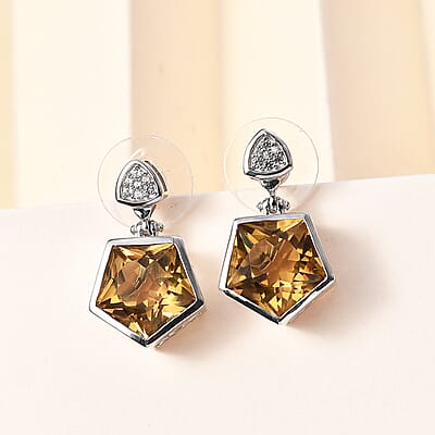 D'Joy Pentastar Cut Brazilian Citrine and White Zircon Earrings in Platinum Over Sterling Silver 12.20 ctw