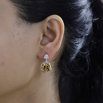 D'Joy Pentastar Cut Brazilian Citrine and White Zircon Earrings in Platinum Over Sterling Silver 12.20 ctw